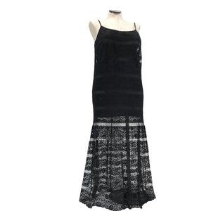 Vintage 1980's 1990's Black Lace Maxi-Dress Mini with Sheer Overskirt